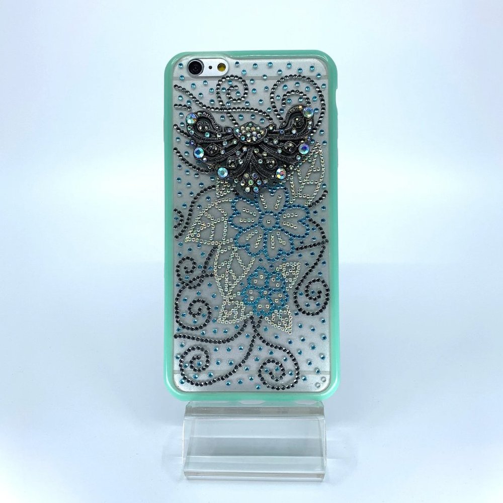 iPhone 6 Plus TPU + PC case. Turquoise, silver, gray rhinestones